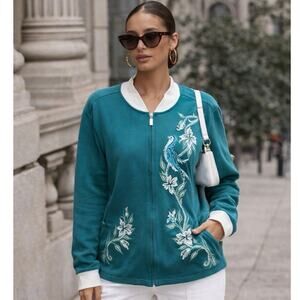 Bob Mackie Wearable Art Embroidered Bird Zip Jacket Teal XL Floral Cotton Blend